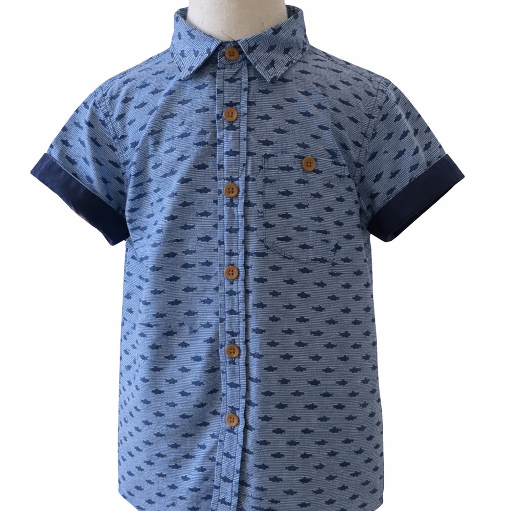 Toddler Boys Button-Up Shirt – Size 4 – Blue Shark Print
